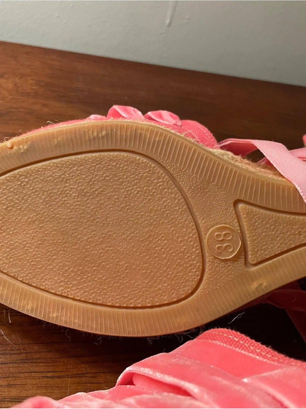 Penelope Chilvers Coral-Pink Espadrille Wedge Sandals with Satin Ties